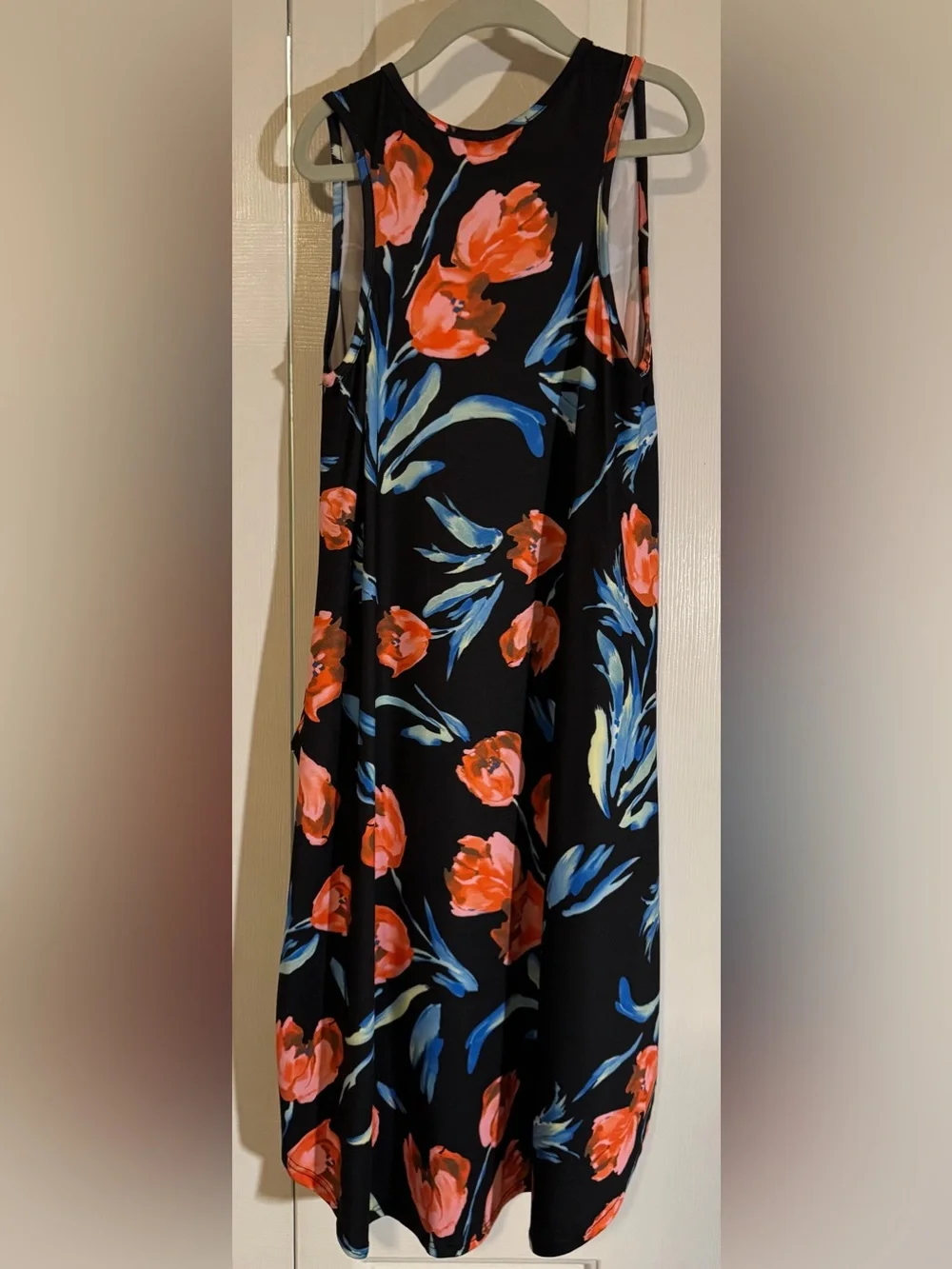 Girls Black Floral Tank Dress with Coral and Blue Print